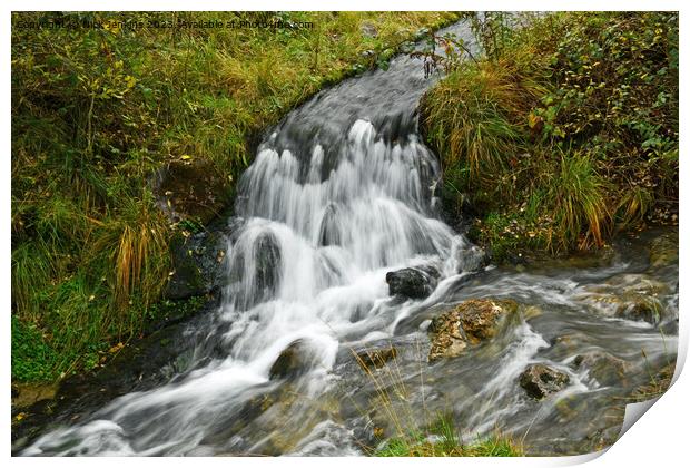 Narrow waterfall on stream taking water to Clydach Print by Nick Jenkins