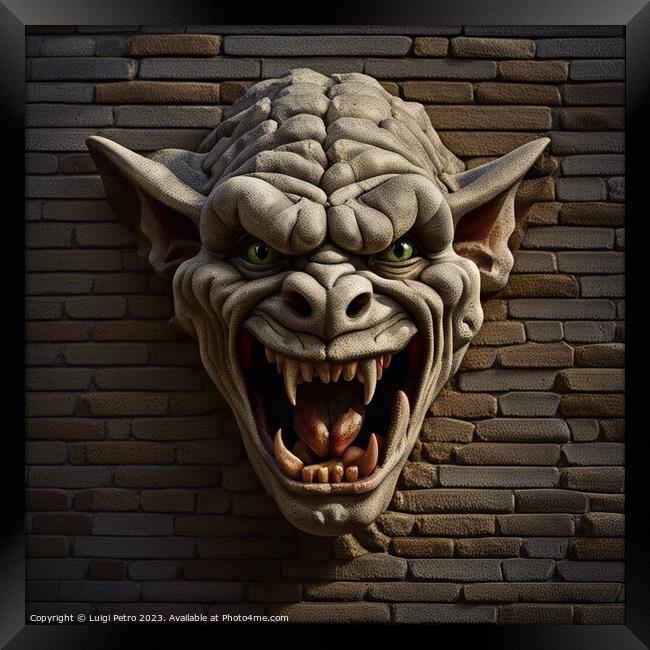 AI generated  gargoyle ogre face hanging on a wall Framed Print by Luigi Petro