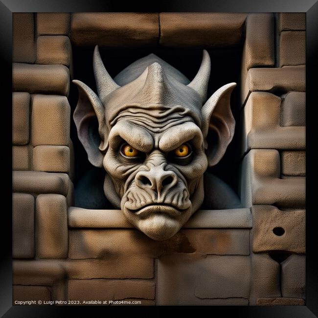 AI generated  gargoyle ogre face  hanging on a wal Framed Print by Luigi Petro