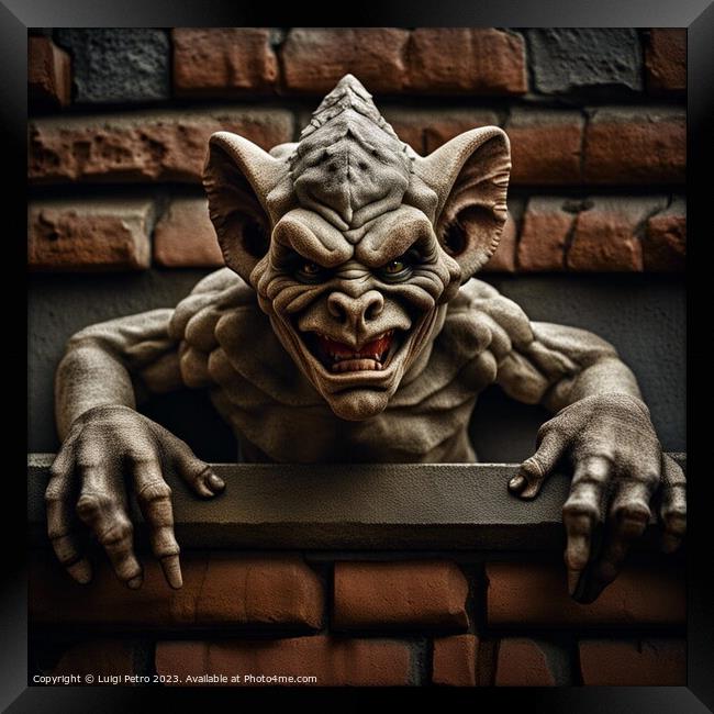 AI generated gargoyle ogre face  hanging on a wall Framed Print by Luigi Petro