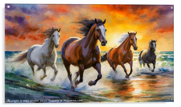 Four Wild Horses Acrylic by Mike Shields