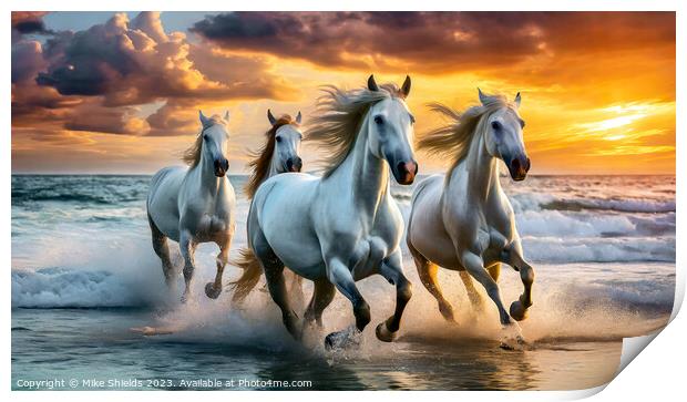 Four White Horses Print by Mike Shields