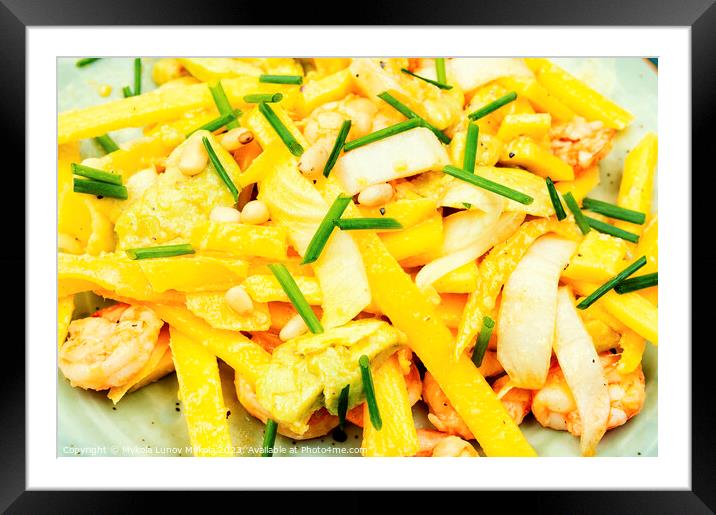 Grilled shrimps, avocado, mango salad. Food background Framed Mounted Print by Mykola Lunov Mykola