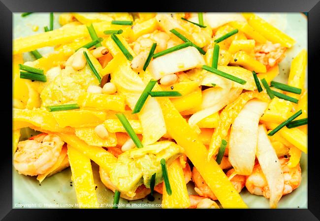 Grilled shrimps, avocado, mango salad. Food background Framed Print by Mykola Lunov Mykola