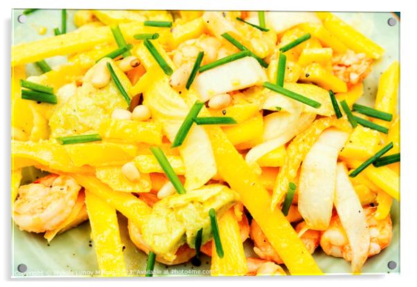 Grilled shrimps, avocado, mango salad. Food background Acrylic by Mykola Lunov Mykola