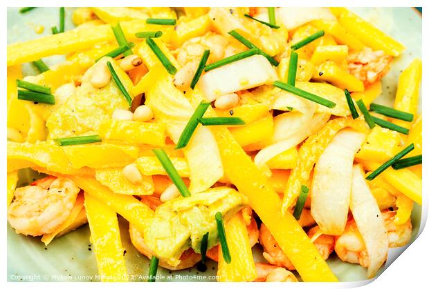 Grilled shrimps, avocado, mango salad. Food background Print by Mykola Lunov Mykola
