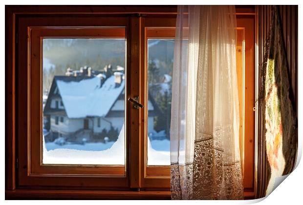 Beautiful view from window on winter village with  Print by Olga Peddi