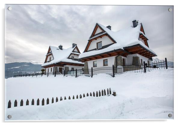 Wooden house under heavy snow, Zakopane, Poland. Acrylic by Olga Peddi