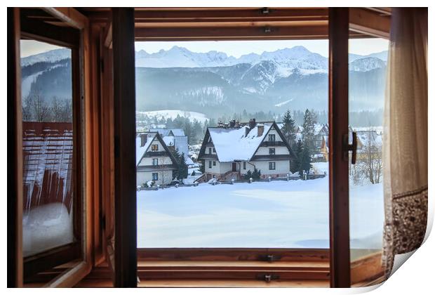 Beautiful view from an open window to a winter vil Print by Olga Peddi