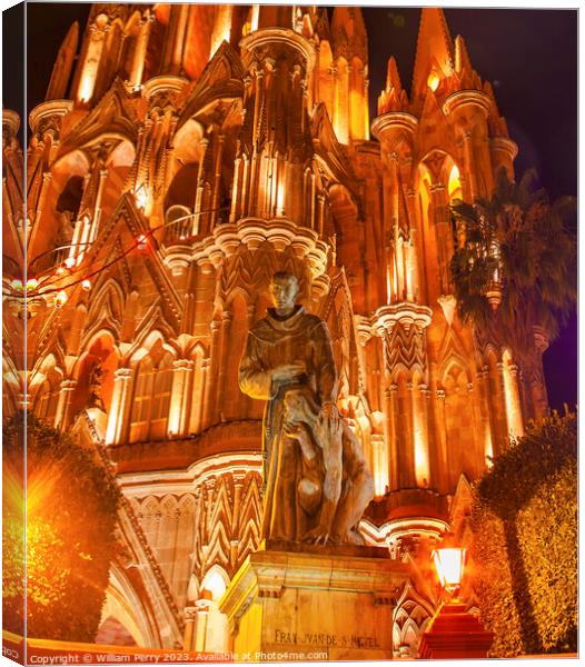Father Juan de San Miiguel Statue Facade Parroquia Night Christm Canvas Print by William Perry