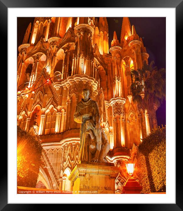 Father Juan de San Miiguel Statue Facade Parroquia Night Christm Framed Mounted Print by William Perry