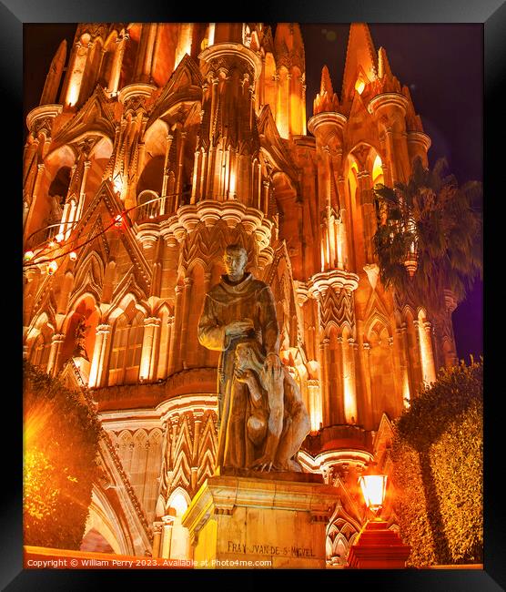 Father Juan de San Miiguel Statue Facade Parroquia Night Christm Framed Print by William Perry