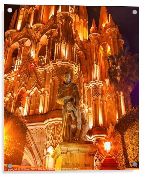 Father Juan de San Miiguel Statue Facade Parroquia Night Christm Acrylic by William Perry