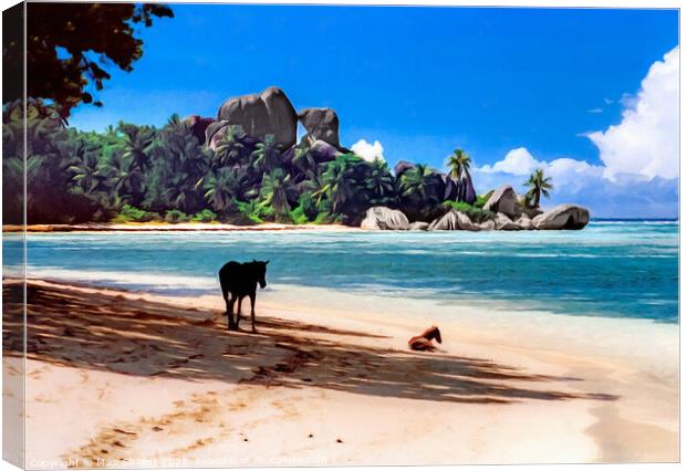 Seychelles Beach Horses Canvas Print by Mike Shields