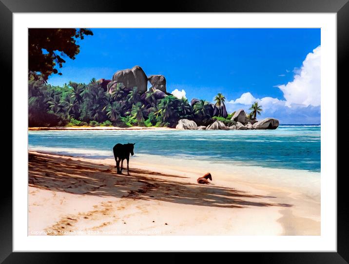 Seychelles Beach Horses Framed Mounted Print by Mike Shields