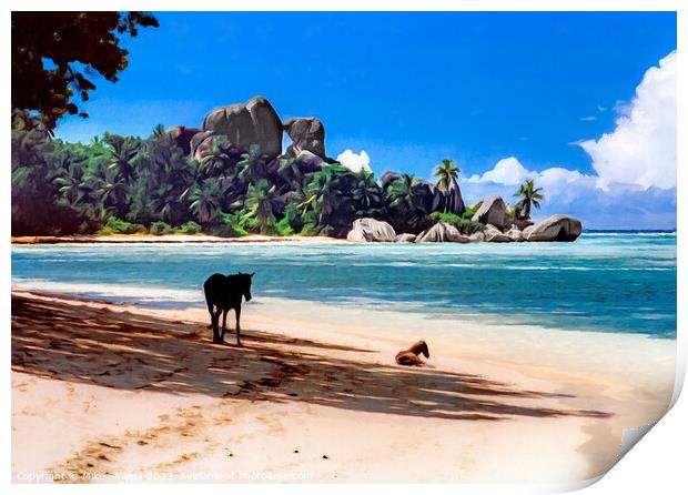 Seychelles Beach Horses Print by Mike Shields