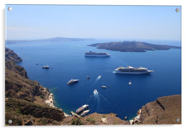 Cruise ships in Thira, Santorini island, Greece Acrylic by Olga Peddi