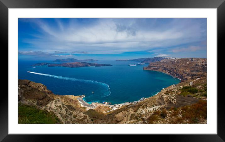 Greece Santorini island in Cyclades, Panoramic top Framed Mounted Print by Olga Peddi