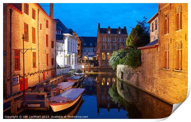 Night scene in the City of Bruges in Belgium Print by Iain Lockhart