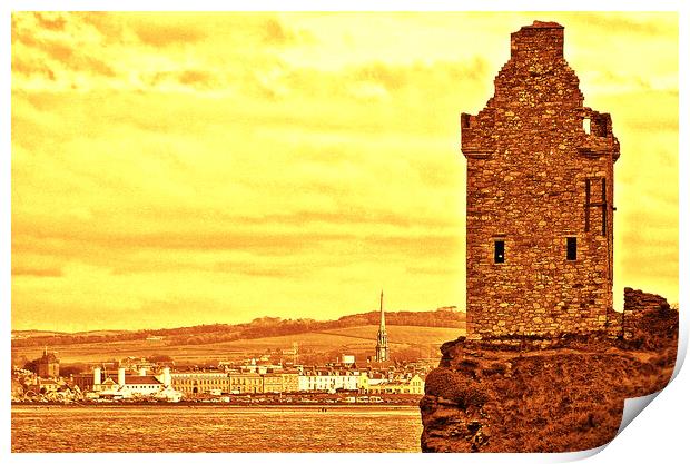 Greenan Castle and Ayr town  (sepia) Print by Allan Durward Photography