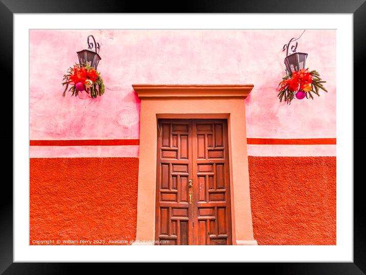 Pink Red Wall Brown Door Christmas San Miguel Allende Mexico Framed Mounted Print by William Perry