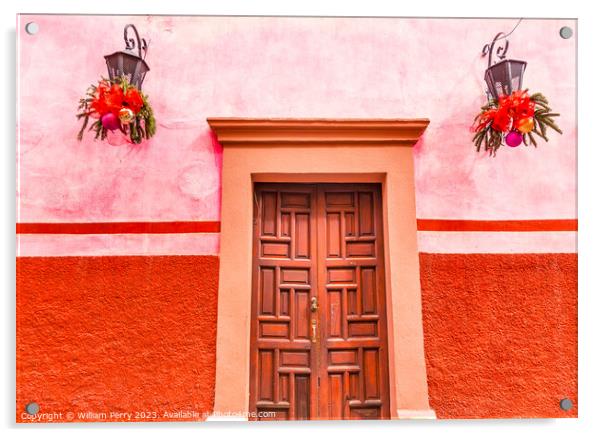 Pink Red Wall Brown Door Christmas San Miguel Allende Mexico Acrylic by William Perry