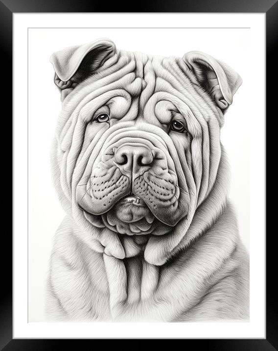 Chinese Shar Pei Pencil Drawing Framed Mounted Print by K9 Art