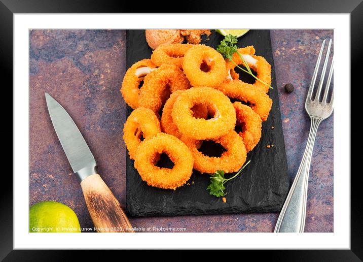 Frying rings of squid, fast food. Framed Mounted Print by Mykola Lunov Mykola