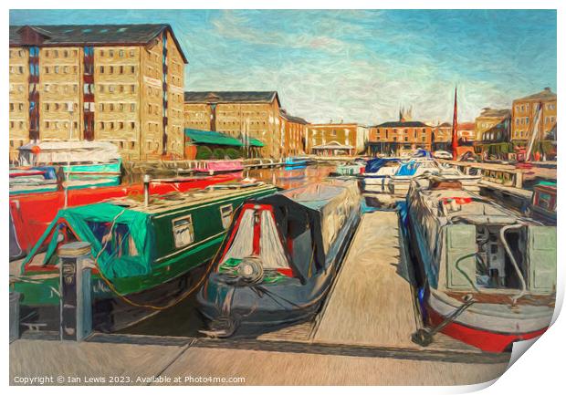 Narrowboats at Historic Gloucester Docks Print by Ian Lewis