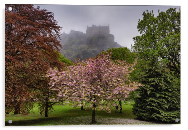 Princes Street Gardens And Edinburgh Castle In Fog Acrylic by Artur Bogacki