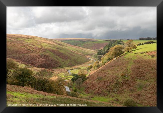 Storm clouds over the infant River Barle, Simonsbath, Exmoor National Park Framed Print by Daryl Peter Hutchinson