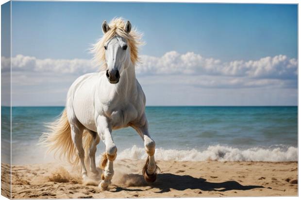 Imposing white stallion trots majestically on the  Canvas Print by Guido Parmiggiani