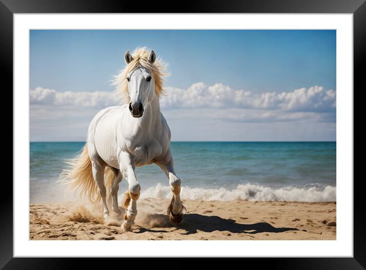 Imposing white stallion trots majestically on the  Framed Mounted Print by Guido Parmiggiani
