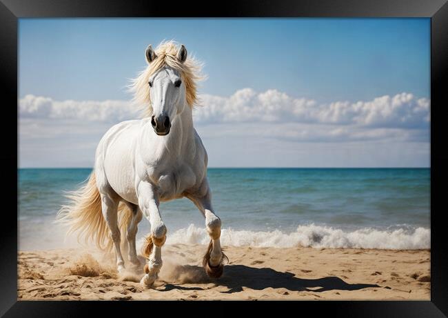 Imposing white stallion trots majestically on the  Framed Print by Guido Parmiggiani