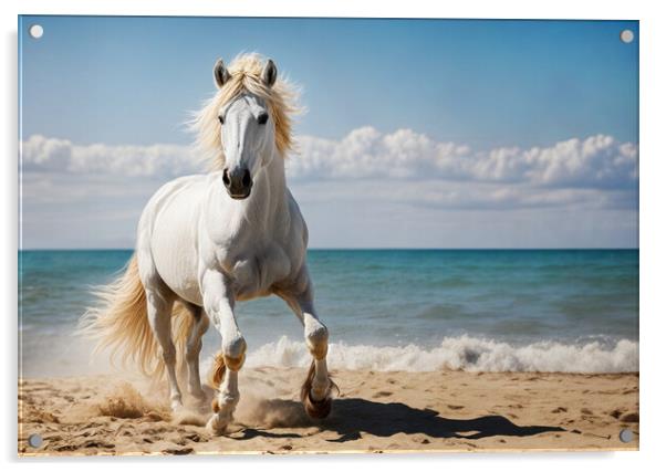 Imposing white stallion trots majestically on the  Acrylic by Guido Parmiggiani