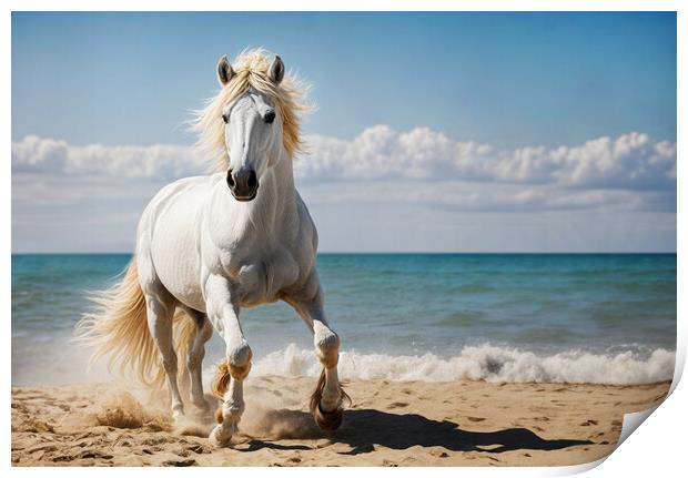 Imposing white stallion trots majestically on the  Print by Guido Parmiggiani
