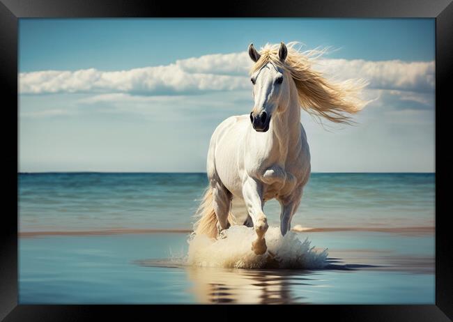 The imposing white stallion trots majestically on  Framed Print by Guido Parmiggiani