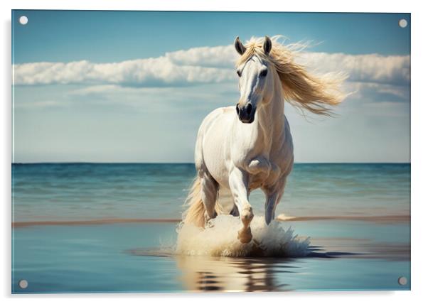 The imposing white stallion trots majestically on  Acrylic by Guido Parmiggiani