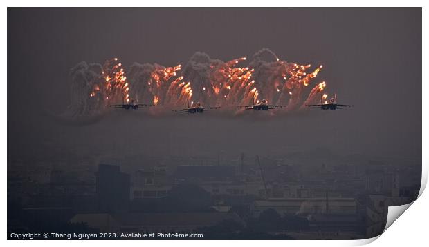 SU30MK2 squadron performing tight formation while shooting flares Print by Thang Nguyen