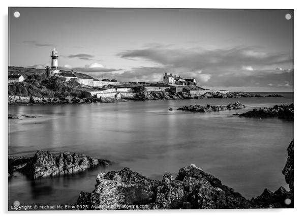 Shroove Lighthouse, Inishowen, Ireland in Black and White Acrylic by Michael Mc Elroy