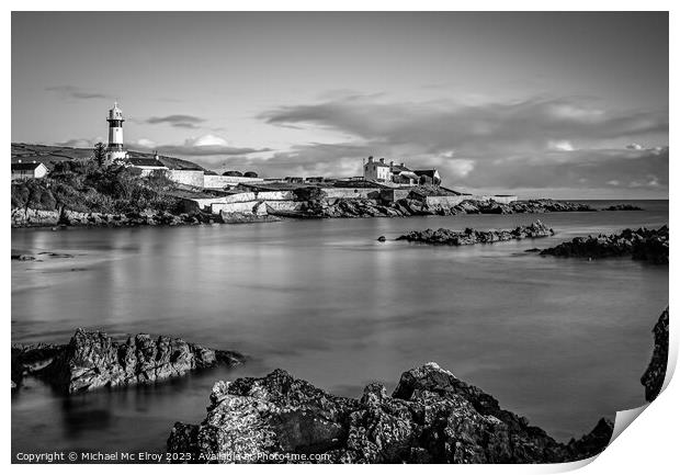 Shroove Lighthouse, Inishowen, Ireland in Black and White Print by Michael Mc Elroy