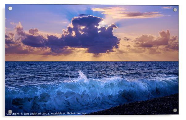 Sunset from Brighton beach with light glistening on the sea spray Acrylic by Iain Lockhart