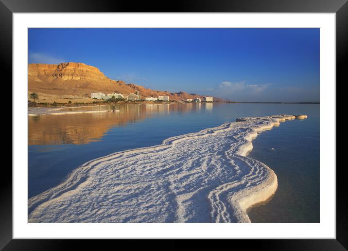 Salt deposits, typical landscape of the Dead Sea. Framed Mounted Print by Olga Peddi