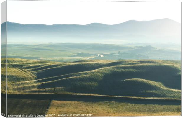 Foggy morning in Tuscany. Rolling hills at sunrise. Val d'Orcia Canvas Print by Stefano Orazzini