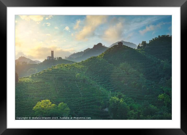Prosecco Hills, vineyards and San Lorenzo church. Italy Framed Mounted Print by Stefano Orazzini