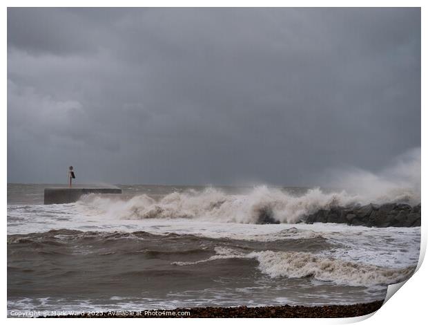Hastings harbour arm during an Autumn storm. Print by Mark Ward