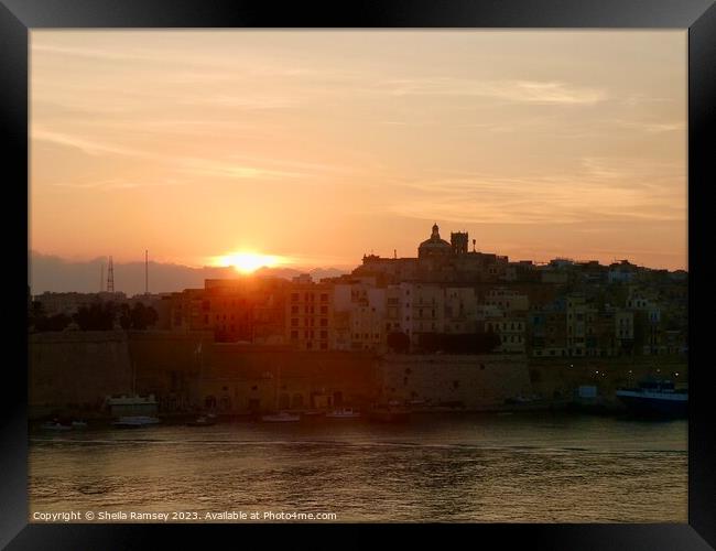 Sunrise over Valletta Framed Print by Sheila Ramsey