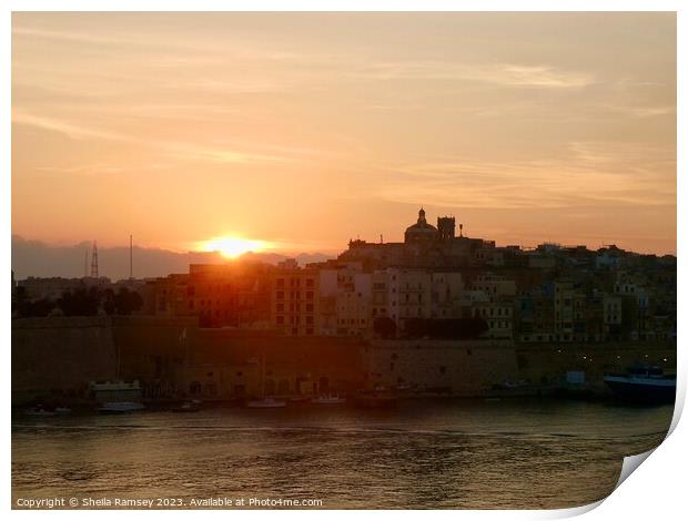 Sunrise over Valletta Print by Sheila Ramsey