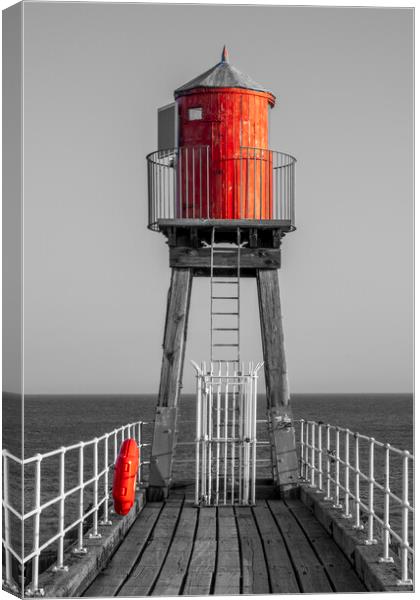 Whitby East Pier Light: Black, White, and Red Canvas Print by Tim Hill