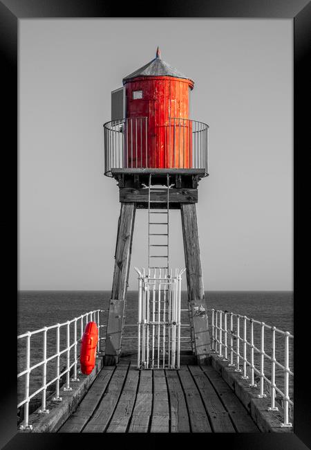 Whitby East Pier Light: Black, White, and Red Framed Print by Tim Hill